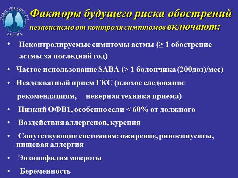 Факторы будущего риска обострений независисмо от контроля симптомов включают:  Неконтролируемые симптомы астмы (≥